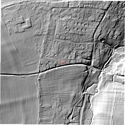 Shaded relief map of the ground around OX129JA, computed from Environment Agency LiDAR. The ground here sits at about 99 m above sea level and falls 25 m across the surrounding 800 m. Surface water reaching this point runs off ground lying to the west, 13.1 m higher.