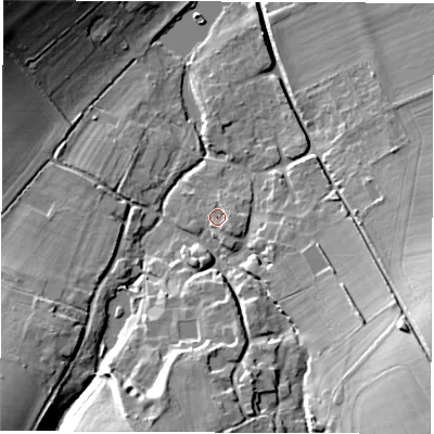 Shaded relief map of the ground around OX129JP, computed from Environment Agency LiDAR. The ground here sits at about 101 m above sea level and falls 24 m across the surrounding 800 m. Surface water reaching this point runs off ground lying to the east-south-east, 2.1 m higher.