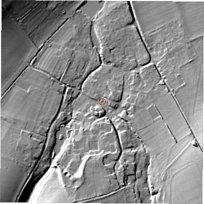 Shaded relief map of the ground around OX129JR, computed from Environment Agency LiDAR. The ground here sits at about 100 m above sea level and falls 23 m across the surrounding 800 m. Surface water reaching this point runs off ground lying to the south-east, 19.2 m higher.