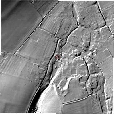 Shaded relief map of the ground around OX129JU, computed from Environment Agency LiDAR. The ground here sits at about 102 m above sea level and falls 25 m across the surrounding 800 m. Surface water reaching this point runs off ground lying to the south-west, 22.4 m higher.
