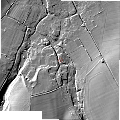 Shaded relief map of the ground around OX129JY, computed from Environment Agency LiDAR. The ground here sits at about 106 m above sea level and falls 26 m across the surrounding 800 m. Surface water reaching this point runs off ground lying to the south-south-west, 6.6 m higher.