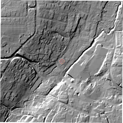 Shaded relief map of the ground around OX129NZ, computed from Environment Agency LiDAR. The ground here sits at about 84 m above sea level and falls 22 m across the surrounding 800 m. Surface water reaching this point runs off ground lying to the west-north-west, 7.1 m higher.