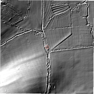 Shaded relief map of the ground around OX129PZ, computed from Environment Agency LiDAR. The ground here sits at about 91 m above sea level and falls 32 m across the surrounding 800 m. Surface water reaching this point runs off ground lying to the south-south-west, 24.7 m higher.