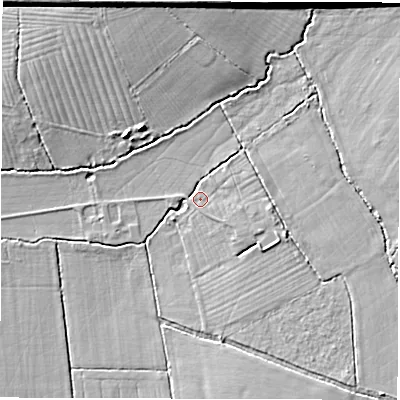 Shaded relief map of the ground around OX129QY, computed from Environment Agency LiDAR. The ground here sits at about 76 m above sea level and falls 8 m across the surrounding 800 m. Surface water reaching this point runs off ground lying to the south-east, 4.7 m higher.