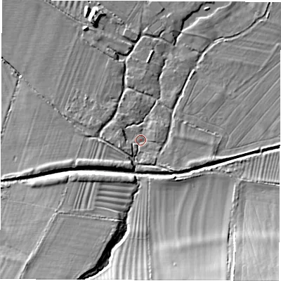 Shaded relief map of the ground around OX129TN, computed from Environment Agency LiDAR. The ground here sits at about 84 m above sea level and falls 20 m across the surrounding 800 m. Surface water reaching this point runs off ground lying to the west-south-west, 3.9 m higher.