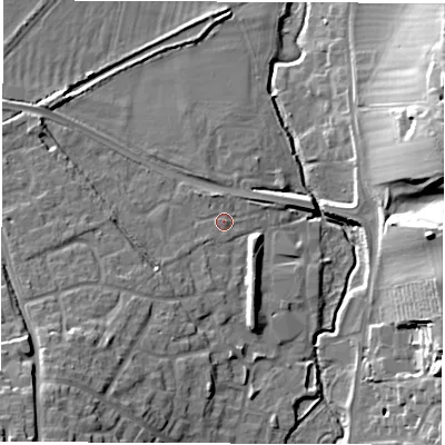Shaded relief map of the ground around OX129XN, computed from Environment Agency LiDAR. The ground here sits at about 83 m above sea level and falls 23 m across the surrounding 800 m. Surface water reaching this point runs off ground lying to the west-south-west, 2.6 m higher.