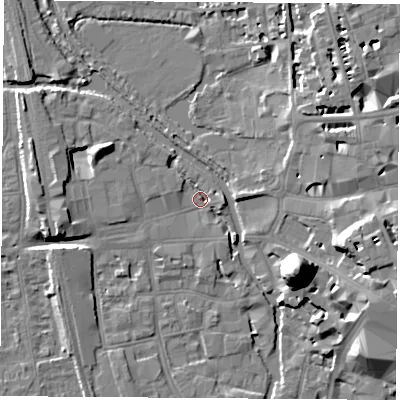 Shaded relief map of the ground around OX12EP, computed from Environment Agency LiDAR. The ground here sits at about 58 m above sea level and falls 21 m across the surrounding 800 m. Surface water reaching this point runs off ground lying to the west-north-west, 1.2 m higher.