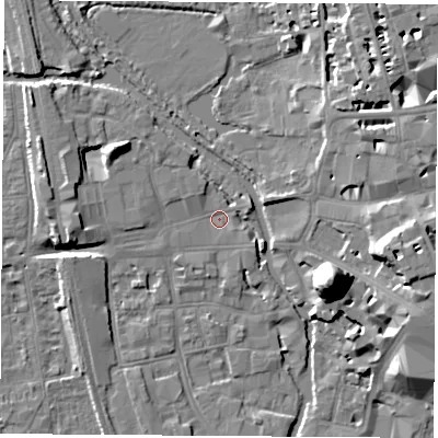 Shaded relief map of the ground around OX12EW, computed from Environment Agency LiDAR. The ground here sits at about 57 m above sea level and falls 21 m across the surrounding 800 m. Surface water reaching this point runs off ground lying to the north-west, 1.2 m higher.