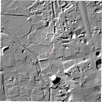 Shaded relief map of the ground around OX12HB, computed from Environment Agency LiDAR. The ground here sits at about 59 m above sea level and falls 21 m across the surrounding 800 m. Surface water reaching this point runs off ground lying to the east, 5.9 m higher.