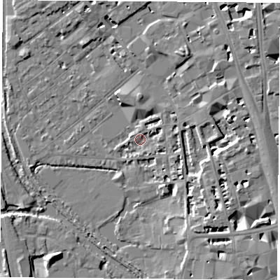 Shaded relief map of the ground around OX12JG, computed from Environment Agency LiDAR. The ground here sits at about 58 m above sea level and falls 10 m across the surrounding 800 m. Surface water reaching this point runs off ground lying to the east-north-east, 5.0 m higher.
