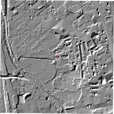 Shaded relief map of the ground around OX12JL, computed from Environment Agency LiDAR. The ground here sits at about 57 m above sea level and falls 10 m across the surrounding 800 m. Surface water reaching this point runs off ground lying to the east-north-east, 7.2 m higher.