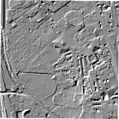 Shaded relief map of the ground around OX12JQ, computed from Environment Agency LiDAR. The ground here sits at about 58 m above sea level and falls 10 m across the surrounding 800 m. Surface water reaching this point runs off ground lying to the east, 7.9 m higher.