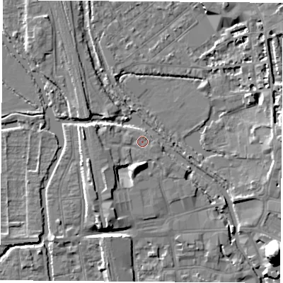 Shaded relief map of the ground around OX12RB, computed from Environment Agency LiDAR. The ground here sits at about 58 m above sea level and falls 22 m across the surrounding 800 m. Surface water reaching this point runs off ground lying to the south, 3.3 m higher.