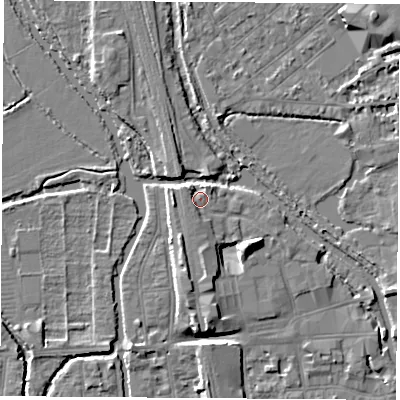 Shaded relief map of the ground around OX12RG, computed from Environment Agency LiDAR. The ground here sits at about 59 m above sea level and falls 7 m across the surrounding 800 m. Surface water reaching this point runs off ground lying to the west, 1.2 m higher.