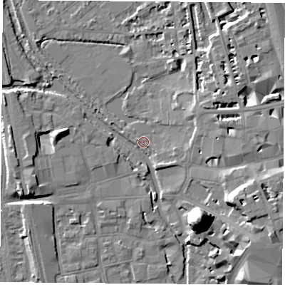 Shaded relief map of the ground around OX12TA, computed from Environment Agency LiDAR. The ground here sits at about 58 m above sea level and falls 21 m across the surrounding 800 m. Surface water reaching this point runs off ground lying to the west-north-west, 3.5 m higher.