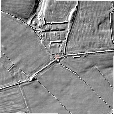 Shaded relief map of the ground around OX135HP, computed from Environment Agency LiDAR. The ground here sits at about 64 m above sea level and falls 8 m across the surrounding 800 m. Surface water reaching this point runs off ground lying to the north-north-west, 5.8 m higher.