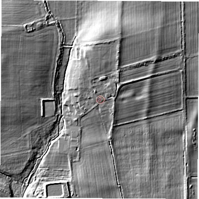 Shaded relief map of the ground around OX135HR, computed from Environment Agency LiDAR. The ground here sits at about 73 m above sea level and falls 11 m across the surrounding 800 m. Surface water reaching this point runs off ground lying to the north-north-east, 4.9 m higher.