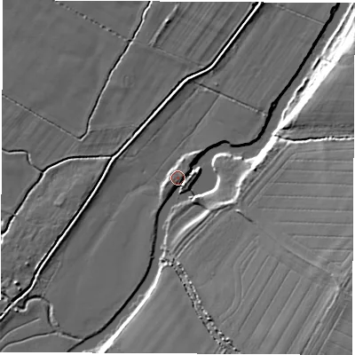 Shaded relief map of the ground around OX135JP, computed from Environment Agency LiDAR. The ground here sits at about 63 m above sea level and falls 11 m across the surrounding 800 m. Surface water reaching this point runs off ground lying to the south-east, 9.6 m higher.
