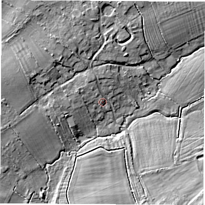 Shaded relief map of the ground around OX135JS, computed from Environment Agency LiDAR. The ground here sits at about 85 m above sea level and falls 12 m across the surrounding 800 m. Surface water reaching this point runs off ground lying to the north-north-west, 3.6 m higher.