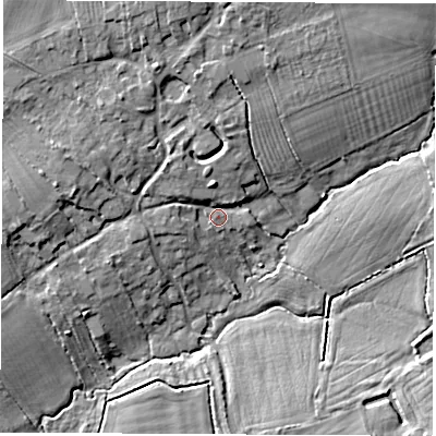 Shaded relief map of the ground around OX135JT, computed from Environment Agency LiDAR. The ground here sits at about 86 m above sea level and falls 12 m across the surrounding 800 m. Surface water reaching this point runs off ground lying to the north-north-west, 7.2 m higher.