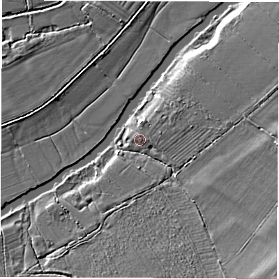 Shaded relief map of the ground around OX135LD, computed from Environment Agency LiDAR. The ground here sits at about 65 m above sea level and falls 9 m across the surrounding 800 m. Surface water reaching this point runs off ground lying to the north, 0.8 m higher.