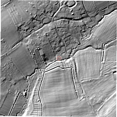 Shaded relief map of the ground around OX135LH, computed from Environment Agency LiDAR. The ground here sits at about 82 m above sea level and falls 15 m across the surrounding 800 m. Surface water reaching this point runs off ground lying to the south-east, 12.5 m higher.
