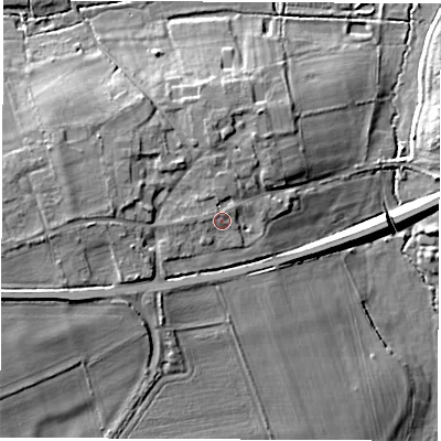 Shaded relief map of the ground around OX135LN, computed from Environment Agency LiDAR. The ground here sits at about 77 m above sea level and falls 14 m across the surrounding 800 m. Surface water reaching this point runs off ground lying to the west, 4.2 m higher.