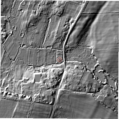 Shaded relief map of the ground around OX135NP, computed from Environment Agency LiDAR. The ground here sits at about 61 m above sea level and falls 12 m across the surrounding 800 m. Surface water reaching this point runs off ground lying to the south-south-west, 10.2 m higher.