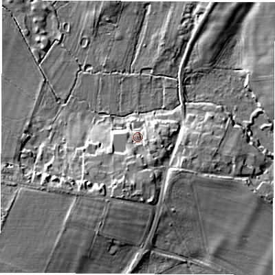 Shaded relief map of the ground around OX135NU, computed from Environment Agency LiDAR. The ground here sits at about 65 m above sea level and falls 12 m across the surrounding 800 m. Surface water reaching this point runs off ground lying to the south, 5.8 m higher.