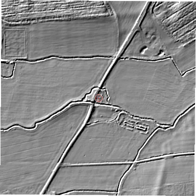 Shaded relief map of the ground around OX135PA, computed from Environment Agency LiDAR. The ground here sits at about 58 m above sea level and falls 6 m across the surrounding 800 m. Surface water reaching this point runs off ground lying to the south-west, 2.2 m higher.