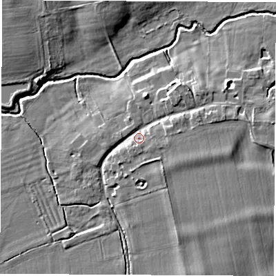 Shaded relief map of the ground around OX135PF, computed from Environment Agency LiDAR. The ground here sits at about 61 m above sea level and falls 7 m across the surrounding 800 m. Surface water reaching this point runs off ground lying to the east-south-east, 3.3 m higher.