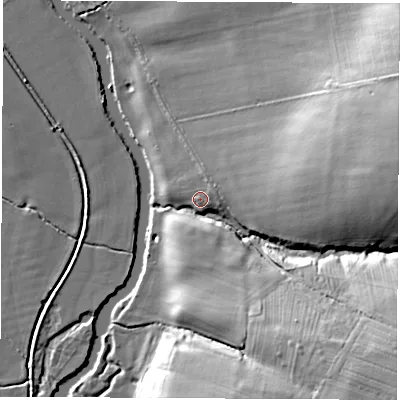 Shaded relief map of the ground around OX135PS, computed from Environment Agency LiDAR. The ground here sits at about 66 m above sea level and falls 22 m across the surrounding 800 m. Surface water reaching this point runs off ground lying to the north-east, 2.6 m higher.