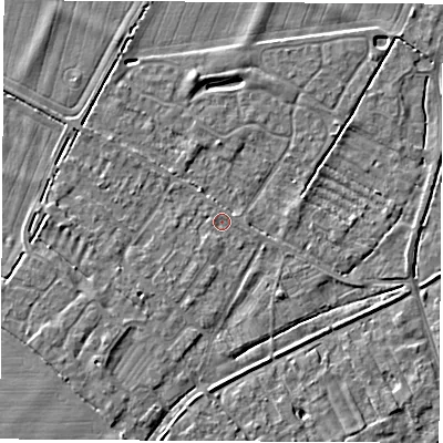 Shaded relief map of the ground around OX136AH, computed from Environment Agency LiDAR. The ground here sits at about 62 m above sea level and falls 5 m across the surrounding 800 m. Surface water reaching this point runs off ground lying to the south-west, 2.1 m higher.