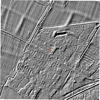 Shaded relief map of the ground around OX136AL, computed from Environment Agency LiDAR. The ground here sits at about 62 m above sea level and falls 5 m across the surrounding 800 m. Surface water reaching this point runs off ground lying to the west-north-west, 1.3 m higher.
