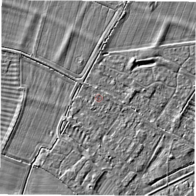 Shaded relief map of the ground around OX136AN, computed from Environment Agency LiDAR. The ground here sits at about 62 m above sea level and falls 5 m across the surrounding 800 m. Surface water reaching this point runs off ground lying to the south-south-west, 1.5 m higher.