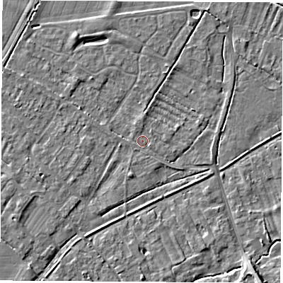 Shaded relief map of the ground around OX136AQ, computed from Environment Agency LiDAR. The ground here sits at about 62 m above sea level and falls 9 m across the surrounding 800 m. Surface water reaching this point runs off ground lying to the south-west, 2.8 m higher.