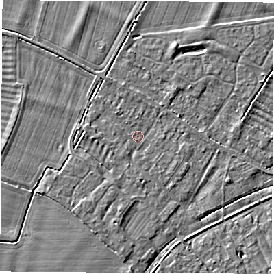 Shaded relief map of the ground around OX136AS, computed from Environment Agency LiDAR. The ground here sits at about 62 m above sea level and falls 4 m across the surrounding 800 m. Surface water reaching this point runs off ground lying to the west, 1.3 m higher.