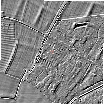 Shaded relief map of the ground around OX136AT, computed from Environment Agency LiDAR. The ground here sits at about 62 m above sea level and falls 4 m across the surrounding 800 m. Surface water reaching this point runs off ground lying to the south-west, 1.3 m higher.