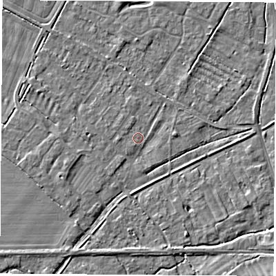 Shaded relief map of the ground around OX136BA, computed from Environment Agency LiDAR. The ground here sits at about 63 m above sea level and falls 6 m across the surrounding 800 m. Surface water reaching this point runs off ground lying to the west, 1.1 m higher.