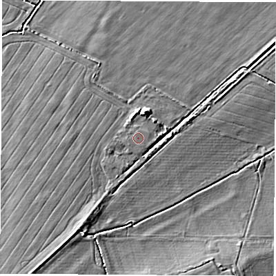 Shaded relief map of the ground around OX136BE, computed from Environment Agency LiDAR. The ground here sits at about 59 m above sea level and falls 5 m across the surrounding 800 m. The ground contributing surface water to this point lies to the north-north-west.