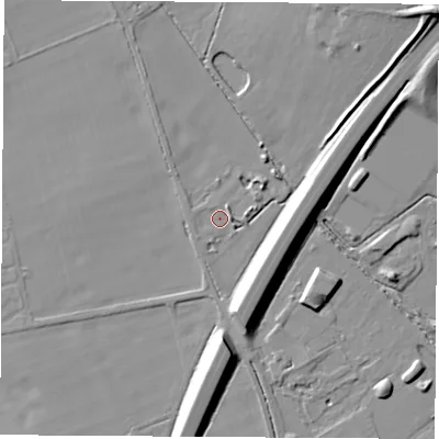 Shaded relief map of the ground around OX136BH, computed from Environment Agency LiDAR. The ground here sits at about 65 m above sea level and falls 14 m across the surrounding 800 m. Surface water reaching this point runs off ground lying to the east-north-east, 3.1 m higher.