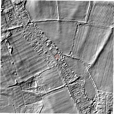 Shaded relief map of the ground around OX136BP, computed from Environment Agency LiDAR. The ground here sits at about 73 m above sea level and falls 11 m across the surrounding 800 m. Surface water reaching this point runs off ground lying to the north-west, 1.1 m higher.
