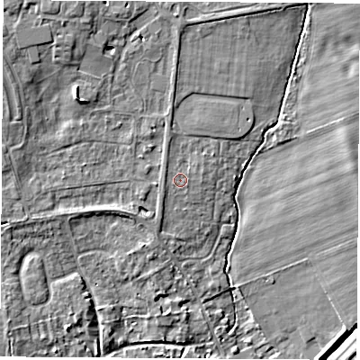 Shaded relief map of the ground around OX136EP, computed from Environment Agency LiDAR. The ground here sits at about 61 m above sea level and falls 9 m across the surrounding 800 m. Surface water reaching this point runs off ground lying to the north-north-east, 3.0 m higher.