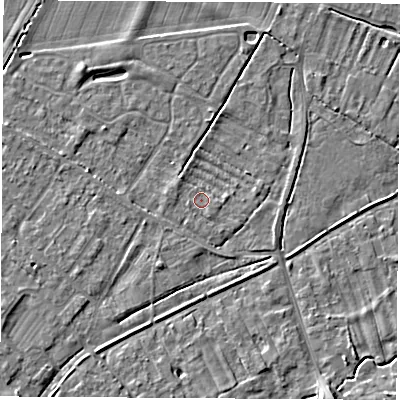 Shaded relief map of the ground around OX136EX, computed from Environment Agency LiDAR. The ground here sits at about 62 m above sea level and falls 7 m across the surrounding 800 m. Surface water reaching this point runs off ground lying to the east-south-east, 0.8 m higher.