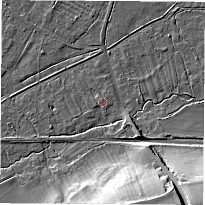 Shaded relief map of the ground around OX136FB, computed from Environment Agency LiDAR. The ground here sits at about 63 m above sea level and falls 29 m across the surrounding 800 m. Surface water reaching this point runs off ground lying to the south-east, 5.2 m higher.