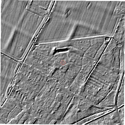 Shaded relief map of the ground around OX136FH, computed from Environment Agency LiDAR. The ground here sits at about 62 m above sea level and falls 5 m across the surrounding 800 m. The ground contributing surface water to this point lies to the west.