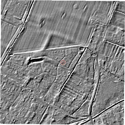 Shaded relief map of the ground around OX136GA, computed from Environment Agency LiDAR. The ground here sits at about 62 m above sea level and falls 5 m across the surrounding 800 m. Surface water reaching this point runs off ground lying to the west, 2.7 m higher.