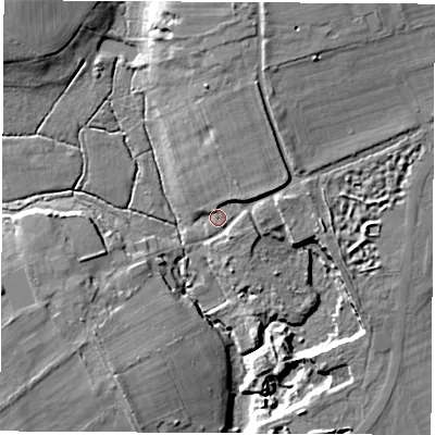 Shaded relief map of the ground around OX136JW, computed from Environment Agency LiDAR. The ground here sits at about 77 m above sea level and falls 18 m across the surrounding 800 m. Surface water reaching this point runs off ground lying to the north-north-east, 11.8 m higher.