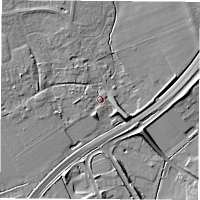 Shaded relief map of the ground around OX136LL, computed from Environment Agency LiDAR. The ground here sits at about 59 m above sea level and falls 10 m across the surrounding 800 m. Surface water reaching this point runs off ground lying to the east-south-east, 7.7 m higher.