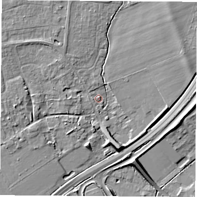 Shaded relief map of the ground around OX136LN, computed from Environment Agency LiDAR. The ground here sits at about 59 m above sea level and falls 9 m across the surrounding 800 m. Surface water reaching this point runs off ground lying to the west, 2.1 m higher.